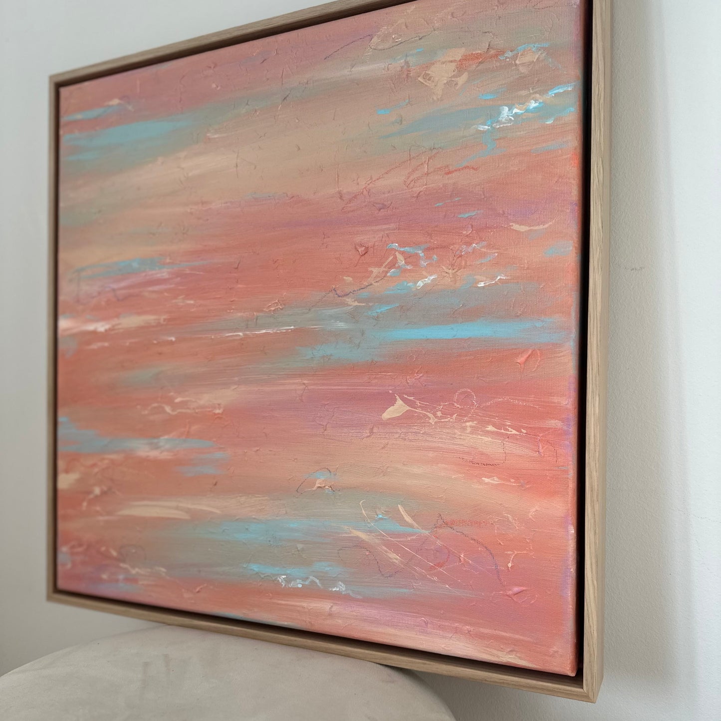 mint green orange beige and red acrylic paint on canvas