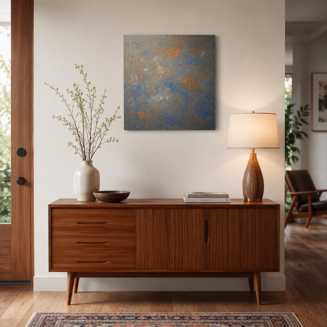 Blaues Acryl Kunstwerk mit orangenen Highlights perfekt für den Essbereich im Scandi Interior Stil